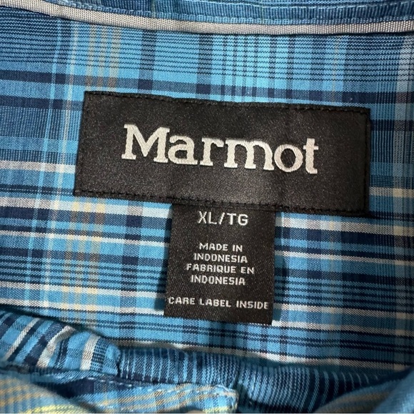 Marmot Mens Button Front Shirt Blue Plaid Short Sleeve - Picture 3 of 7